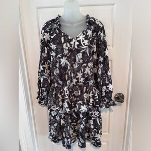Cupshe Floral Black & White 2 Teir Long Sleeve Mini Dress Size L NWT